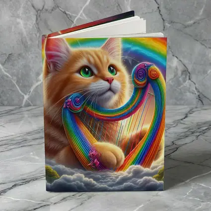 Orange Cat Playing Rainbow Harp on Clouds