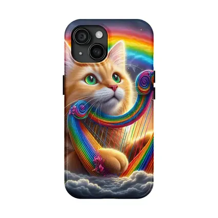 Orange Cat Playing Rainbow Harp on Clouds