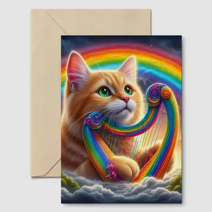 Orange Cat Playing Rainbow Harp on Clouds