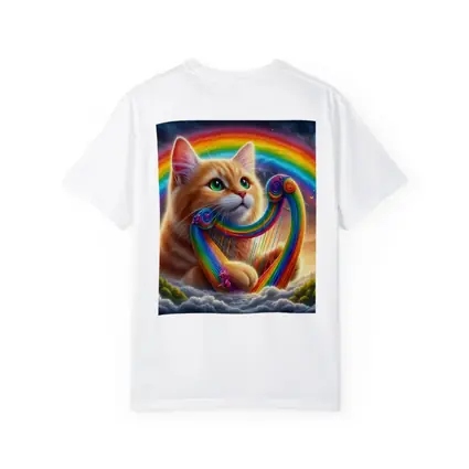 Orange Cat Playing Rainbow Harp on Clouds