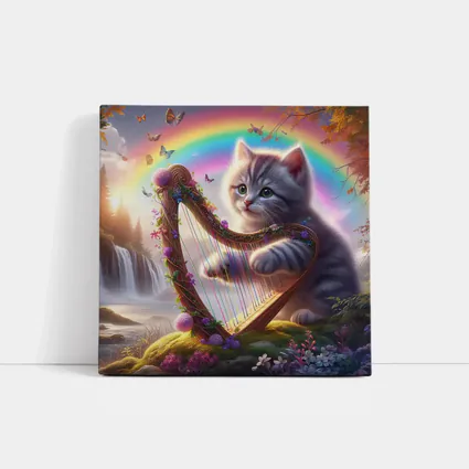 Gray Kitten Playing Harp Rainbow Fantasy