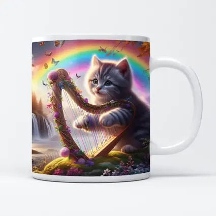 Gray Kitten Playing Harp Rainbow Fantasy