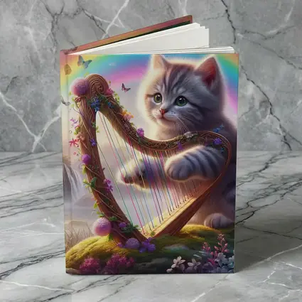Gray Kitten Playing Harp Rainbow Fantasy