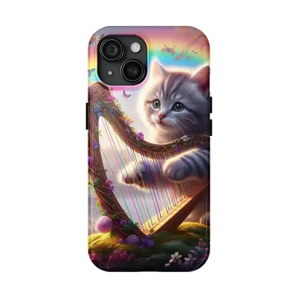Gray Kitten Playing Harp Rainbow Fantasy