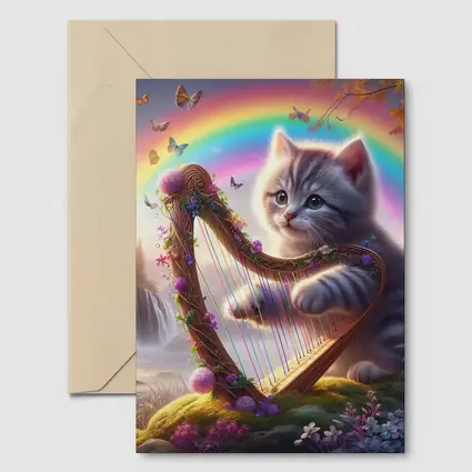 Gray Kitten Playing Harp Rainbow Fantasy