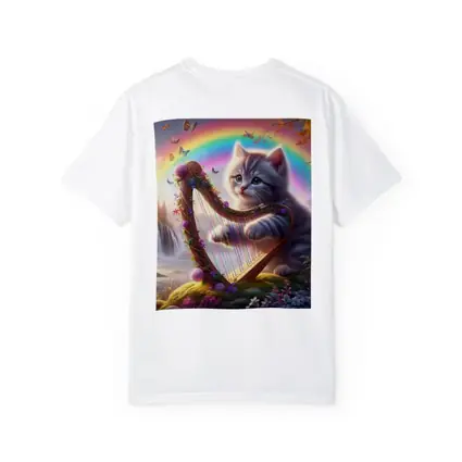 Gray Kitten Playing Harp Rainbow Fantasy