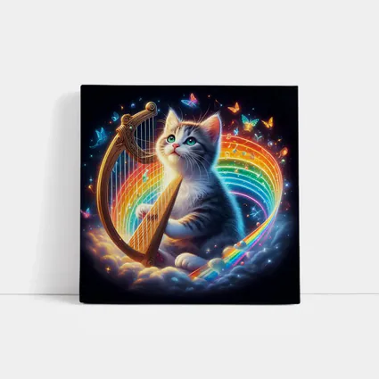 Kitten Playing Harp Rainbow Butterflies Fantasy