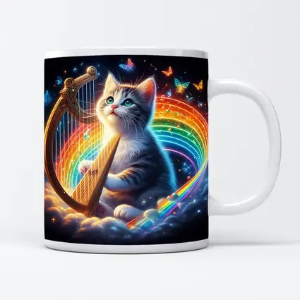Kitten Playing Harp Rainbow Butterflies Fantasy
