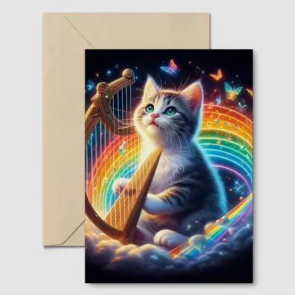Kitten Playing Harp Rainbow Butterflies Fantasy