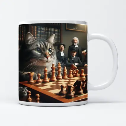 Tabby Cat Playing Chess in Library