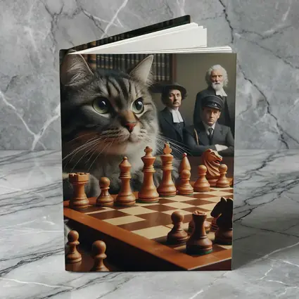 Tabby Cat Playing Chess in Library
