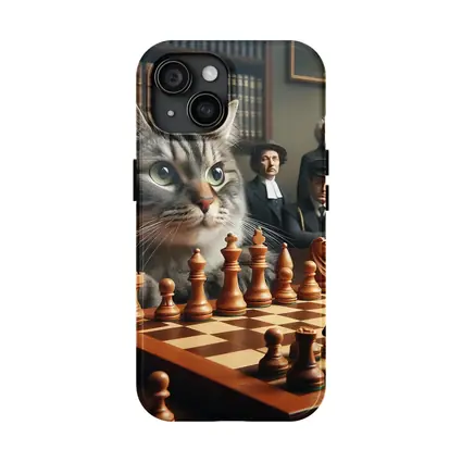Tabby Cat Playing Chess in Library