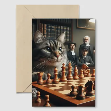 Tabby Cat Playing Chess in Library