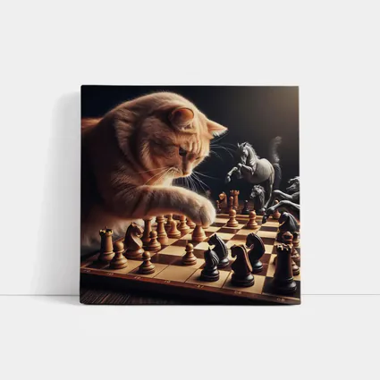 Orange Cat Playing Chess Dark Background