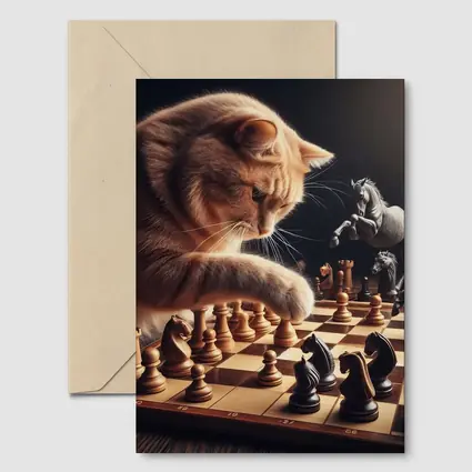Orange Cat Playing Chess Dark Background