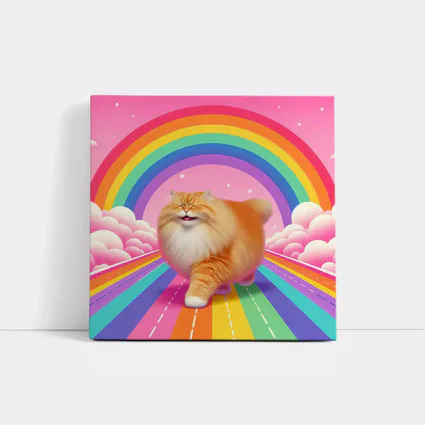 Fluffy Orange Cat Rainbow Pink Sky