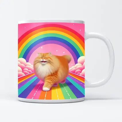 Fluffy Orange Cat Rainbow Pink Sky