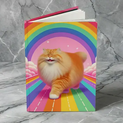 Fluffy Orange Cat Rainbow Pink Sky