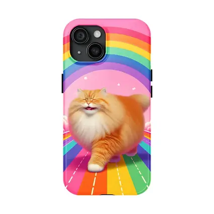 Fluffy Orange Cat Rainbow Pink Sky