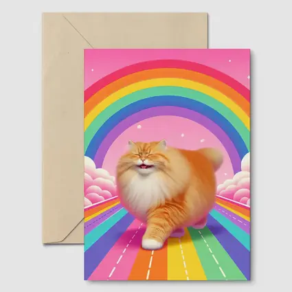 Fluffy Orange Cat Rainbow Pink Sky