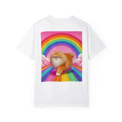 Fluffy Orange Cat Rainbow Pink Sky