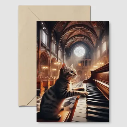 Tabby Cat Playing Piano in Cathedral
