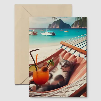 Cat Relaxing in Hammock Tropical Beach