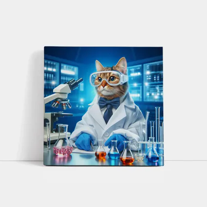 Cat Scientist In Laboratory Blue Background