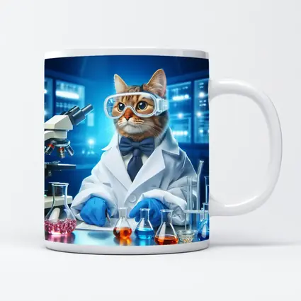 Cat Scientist In Laboratory Blue Background