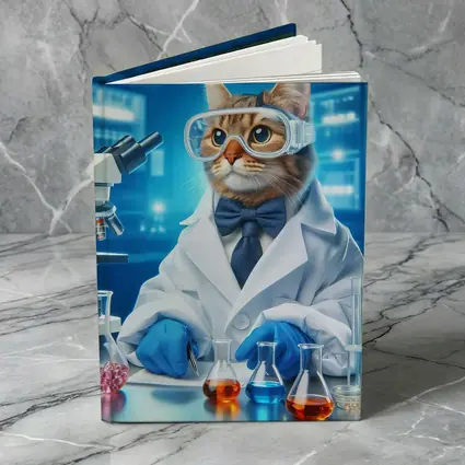 Cat Scientist In Laboratory Blue Background