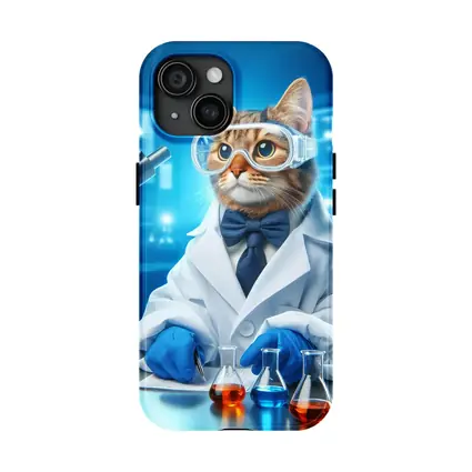 Cat Scientist In Laboratory Blue Background