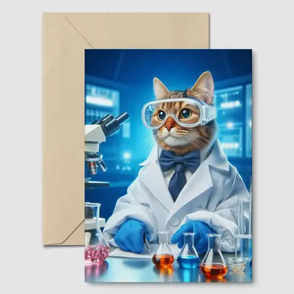 Cat Scientist In Laboratory Blue Background