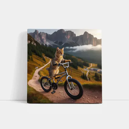 Tabby Cat Riding Bicycle Mountain Landscape
