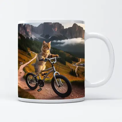 Tabby Cat Riding Bicycle Mountain Landscape
