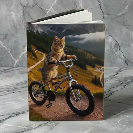 Tabby Cat Riding Bicycle Mountain Landscape