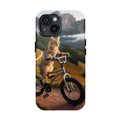 Tabby Cat Riding Bicycle Mountain Landscape