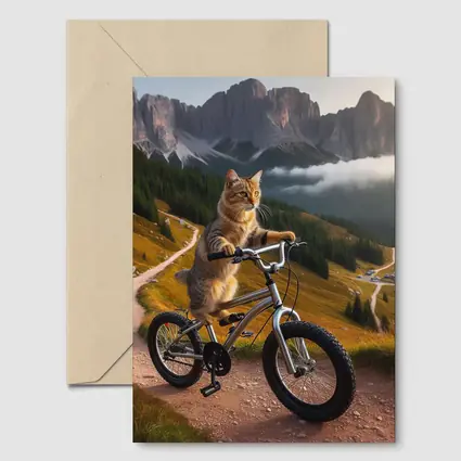 Tabby Cat Riding Bicycle Mountain Landscape