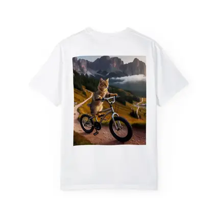 Tabby Cat Riding Bicycle Mountain Landscape