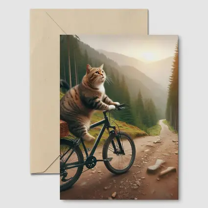 Cat Riding Bicycle Forest Mountain Trail