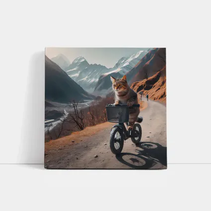 Tabby Cat Riding Bicycle Mountain Road