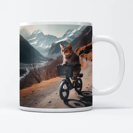 Tabby Cat Riding Bicycle Mountain Road