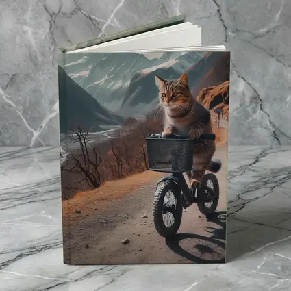 Tabby Cat Riding Bicycle Mountain Road