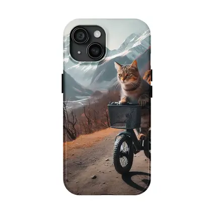 Tabby Cat Riding Bicycle Mountain Road