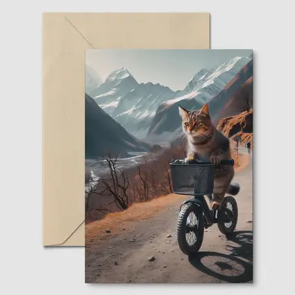 Tabby Cat Riding Bicycle Mountain Road