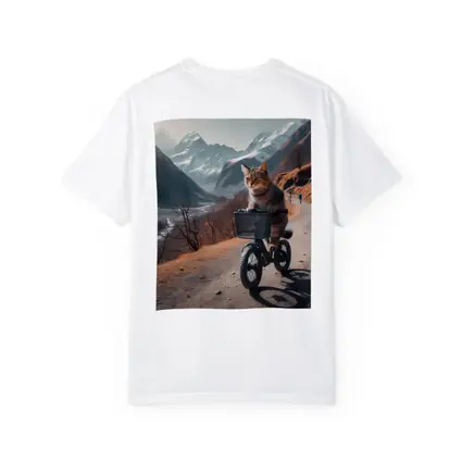 Tabby Cat Riding Bicycle Mountain Road