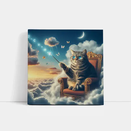 Tabby Cat Wizard Floating Sky Clouds