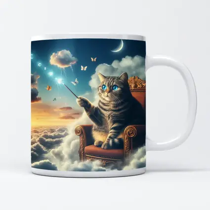 Tabby Cat Wizard Floating Sky Clouds