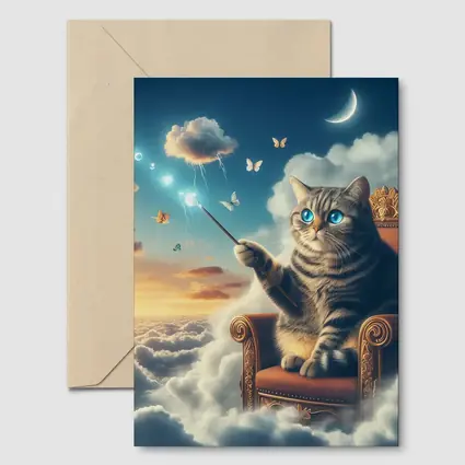 Tabby Cat Wizard Floating Sky Clouds