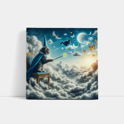 Wizard Cat Casting Spells Above Clouds