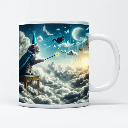 Wizard Cat Casting Spells Above Clouds
